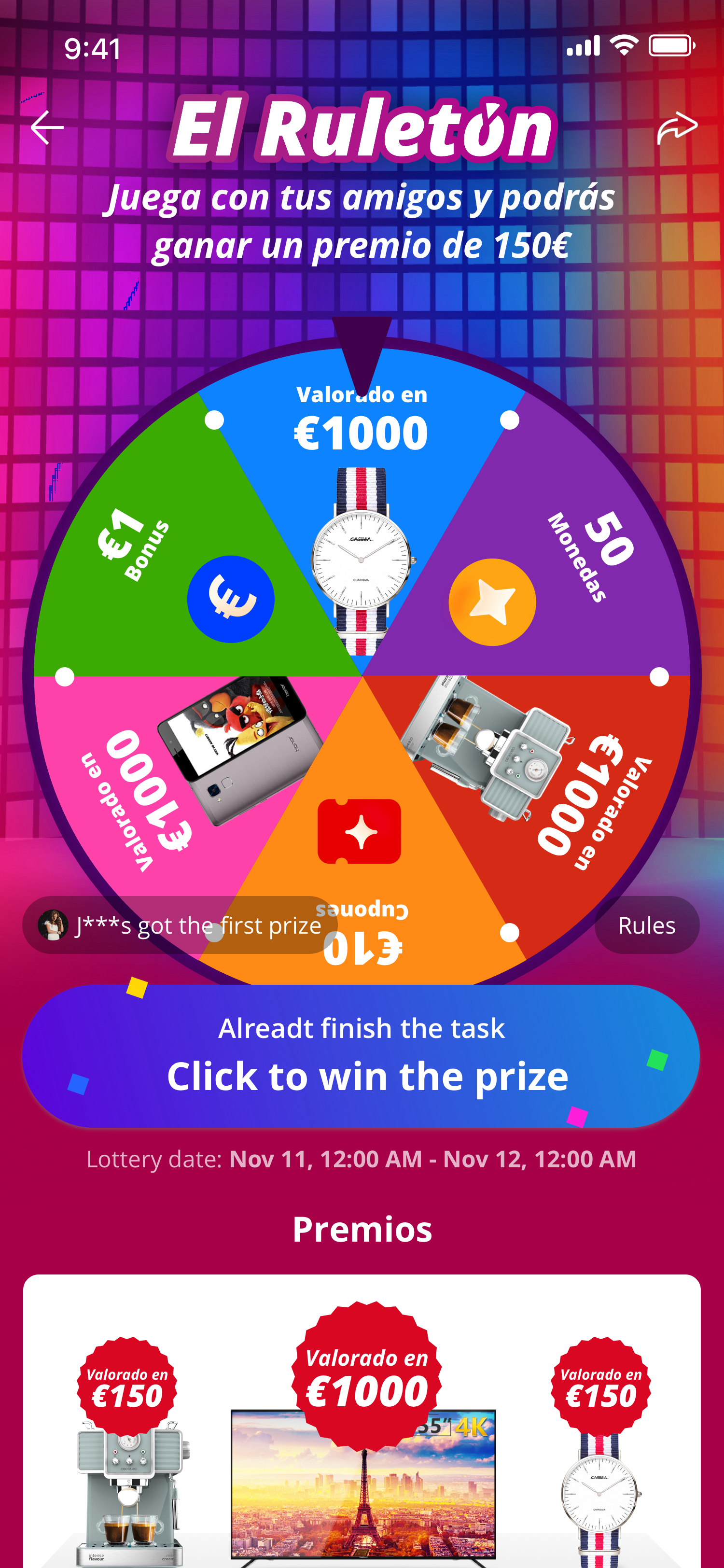 Lucky Draw in-app lottery screen